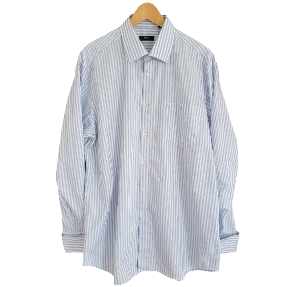 Hugo Boss Dress Shirt Mens 17 1/2, 34-35 Blue White Striped 100% Cotton